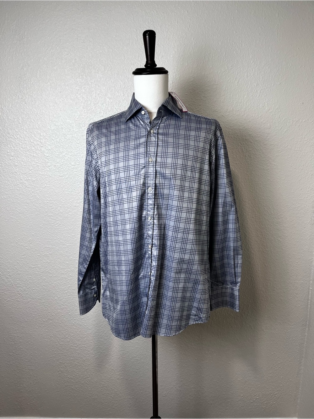 XACUS Blue on Blue Plaid Button Down Shirt Size 17.5/44
